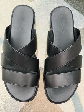 Vince Camuto Black Leather Cross-Strap Men's Slide Sandals